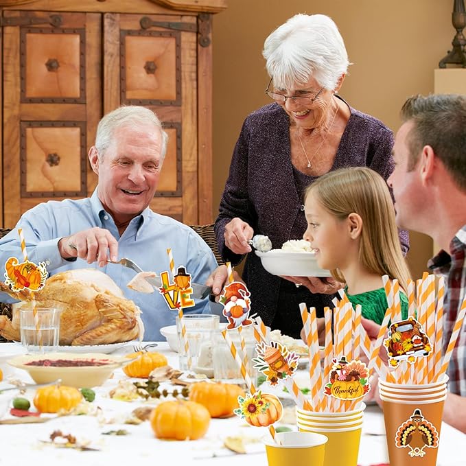 Konsait Thanksgiving Paper Straws, 24 PCS White Orange Striped Straws for Fall Harvest Party Decorations