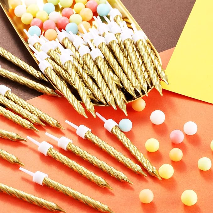 Blulu 50 Pieces Spiral Birthday Candles Metallic Cake Cupcake Candles for Birthday Wedding Party Decorations(Gold)
