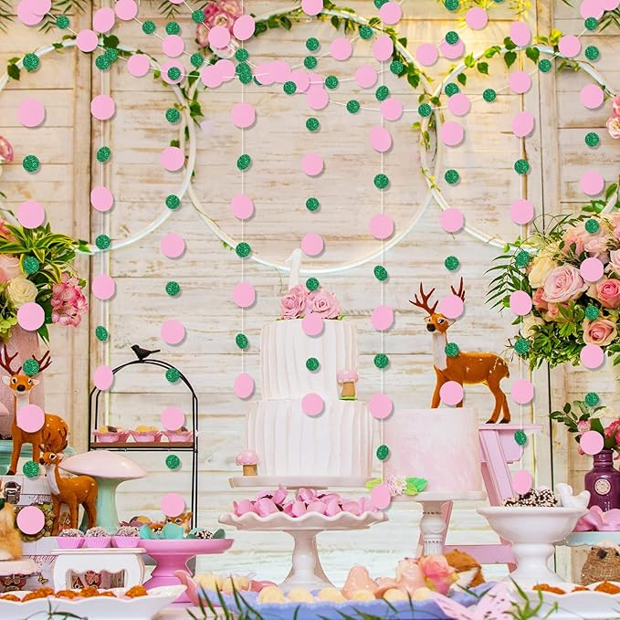 Outus 5 Pieces Pink,Green Round Dots Garland Graduation Party Hanging Decor Each Length 13.1ft Glitter Paper Dot Streamers for Birthday Wedding Classroom Supplies