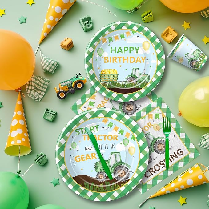 Tractor Birthday Plates And Napkins Party Supplies - Farm Theme Green Tractor Birthday Decorations Tableware, Paper Plate, Cup, Napkin, Disposable Fork | Serves 24