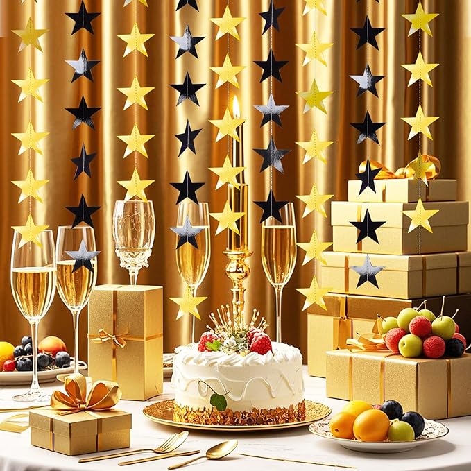 Glitter Star Garland Banner Decor 130 Feet Gold Black Star Garland Hanging Bunting Banner Backdrop for Graduation Wedding Birthday Holiday Party
