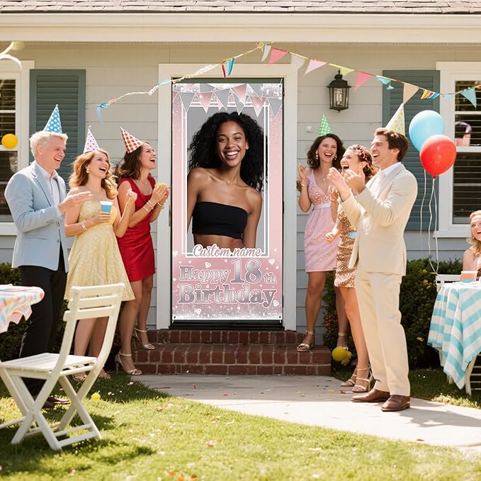 Personalized Happy Birthday Door Banner with Photo Custom Name Birthday Decorations Party Supplies for Women Men (Rose Pink)