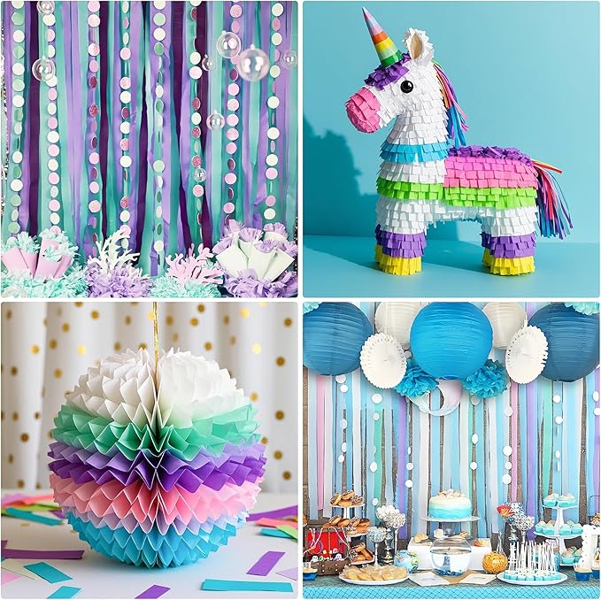 Crepe Paper Streamers 2.2" x 123 Ft Per Roll, Pastel Streamers Party Supplies for Mermaid Princess Birthday Party Baby Shower Wedding Backdrops Decorations, Pink, Green, Blue, White, Purple