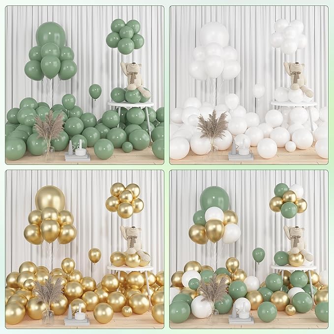 Amandir 153pcs Sage Green Gold Balloon Garland Arch Kit, Different Sizes 18 12 10 5 inch Green White Latex Metallic Confetti Balloons for Birthday Bridal Shower Wedding Bachelorette Decorations