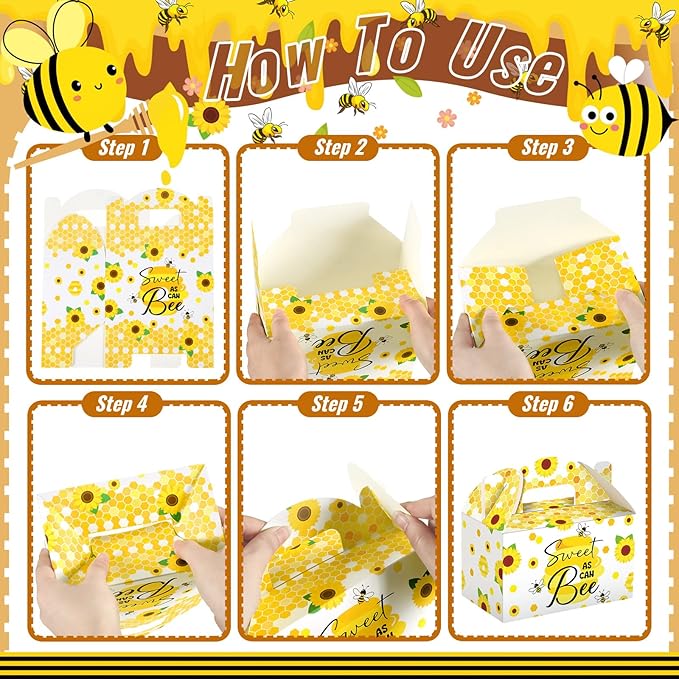 Dunzoom 24 Pcs Bee Festival Decor Bee Gnome Boxes Candy Boxes with Handles Treat Goodie Gift Bags for Birthday Baby Shower Party Supplies