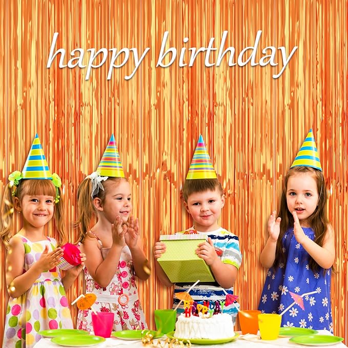 PIGETALE 2 Pack 3.2x8.2 Feet Orange Foil Fringe Backdrop Curtains, Metallic Tinsel Photo Booth Backdrop Streamers Birthday Party Decorations, Halloween Baby Shower Disco Basketball Party Supplies