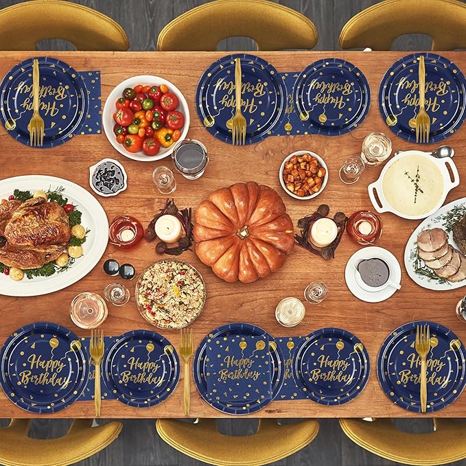 96PCS Happy Birthday Plates and Napkins Party Supplies, Black and Gold Disposable Paper Plates and Napkins with Forks Tableware Set for Birthday Party Decorations 24 Guests (Birthday Blue)