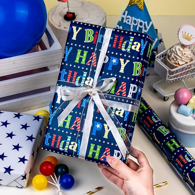 MAYPLUSS Happy Birthday Wrapping Paper Roll - 17 Inch X 16.5 Feet - Metallic Navy Blue Star Birthday Gift Wrapping Paper for Men, Boy, Baby Shower, Holiday