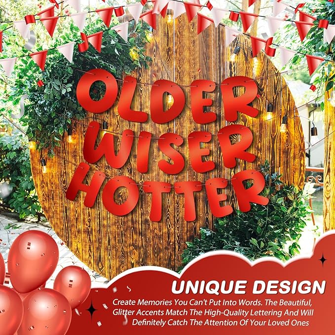 Fulmoon Set of 3 Pre Strung Older Wiser Hotter Glitter Banner Funny Birthday Banner for Women 30th 40th 50th 60th 70th 80th Birthday Party Decorations Sign Gift(Bright Red)