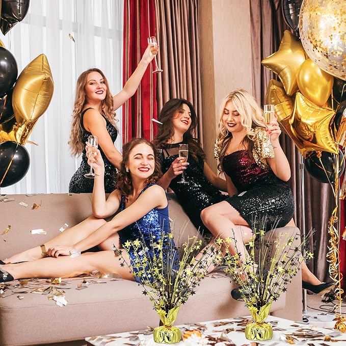 Crowye 6 Pcs Metallic Foil Spray Centerpiece Party Star Decoration Table Decor for Birthday Wedding Graduation Bachelorette Spring Party Holiday(Black Gold,Small Star)