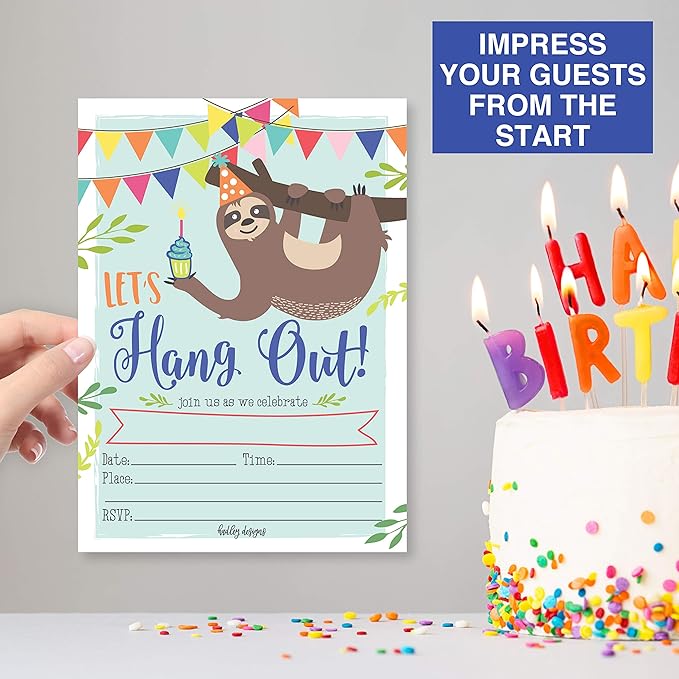Hadley Designs Kids Birthday Invitations For Boys and Girls Sloth Theme - 25 Sloth Birthday Party Invitations For Boys, Let's Hang Out Invites For Girls, Cute Animal Party Supplies, Made In USA