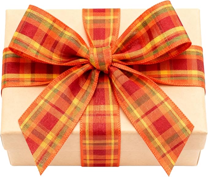 Meseey 4 Inch x 10 Yards Orange Plaid Wired Ribbon, Fall Harvest Plaid Wired Edge Ribbon for Wreaths, Bows, Wrapping, Thanksgiving & Halloween Decorations (Burgundy/Yellow)