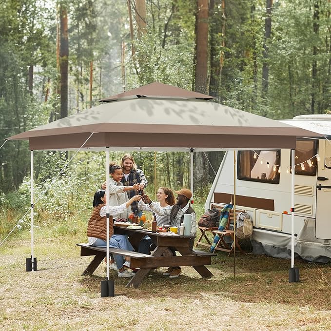 Arlopu Pop Up Canopy Tent with 1-Person Set up, Camping Instant Durable Shelter, Outdoor Gazebo Beach Shade with Wheeled Bag, 4 Sand Bags for Weight (Khaki, 13FTX13FT)