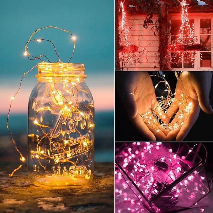 Brightown Valentine's Day 12 Pack Pink Led Fairy Lights Battery Operated String Lights Waterproof Silver Wire 7 Feet 20 Led Firefly Starry Moon Lights for DIY Wedding Party Bedroom