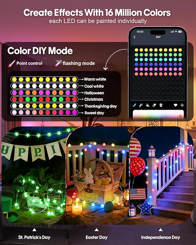 Super RGB Smart Star Fairy Lights 65.6Ft, 16M Color Changing String Lights with Remote & APP Control, Music Sync, Timer, RGB DIY Colored Twinkle Lights Hanging for Indoor Bedroom Party Birthday Decor