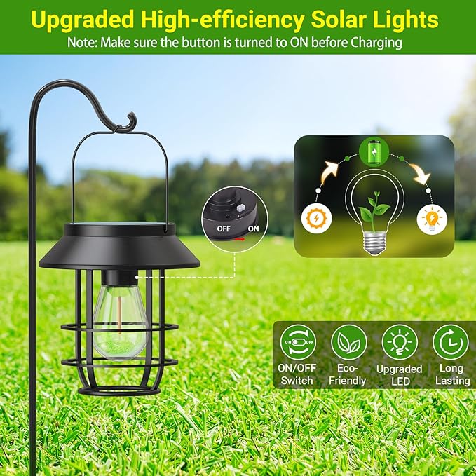 Solar Lanterns Outdoor Waterproof, High Brightness Hanging Solar Lights for Outside with Wall Hooks, Christmas Decor Retro Metal Outdoor Lanterns Auto On/Off for Patio, Yard Decor, Black,2Pack