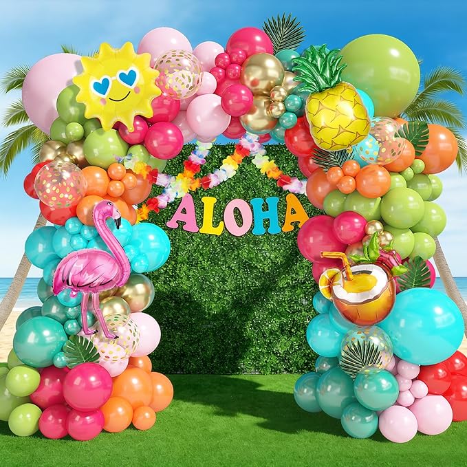 170Pcs Flamingo Tropical Balloon Arch Garland Kit, Hot Pink Olive Green Orange Teal Gold Foil Balloons Palm Leaves Hawaiian Leis for Luau Aloha Summer Beach Pool Birthday Baby Shower Party Decorations