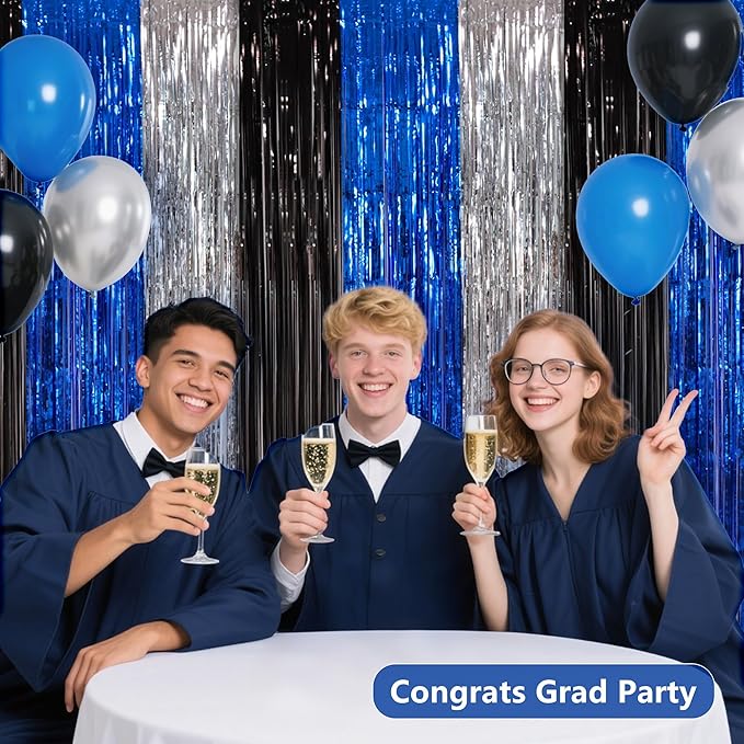 BEISHIDA 3Pcs Black Blue Silver Door Streamer Backdrop Foil Fringe Tinsel Curtains Backdrops for Boy Men Birthday Father's Day Baby Shower Bachelor Party Decoration (3.28 ft x 6.56 ft)