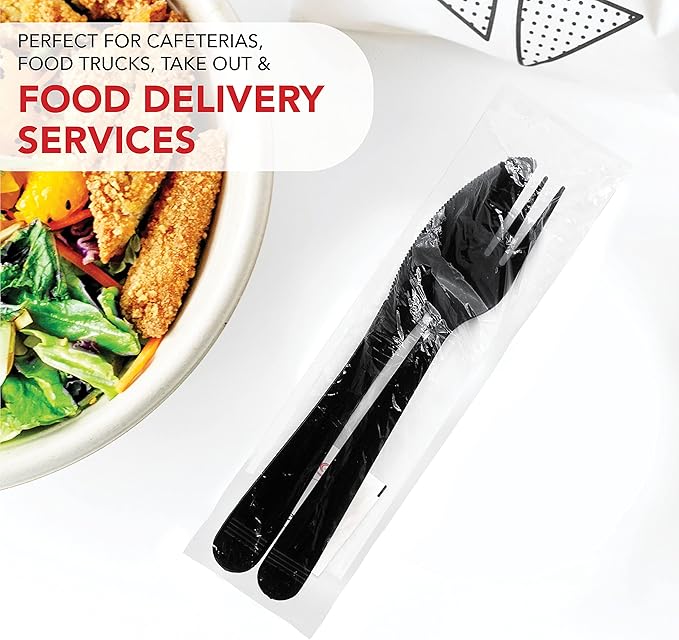 Party Essentials Individually Wrapped Heavy Duty Plastic Utensil Kits, 50 Sets for Party Catering, Fork/Knife/Napkin/Salt/Pepper, Black