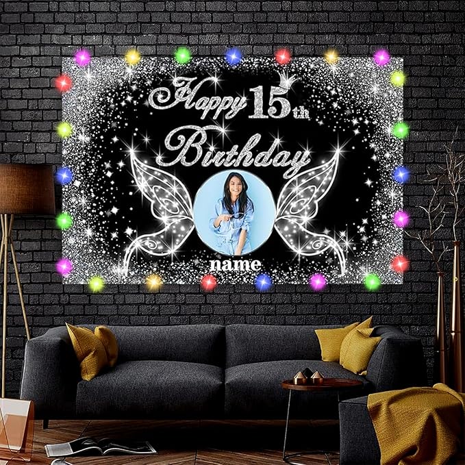 Dicodes Custom Happy Birthday Party Decoration Banner - Angel Wings Theme - Black and Silver