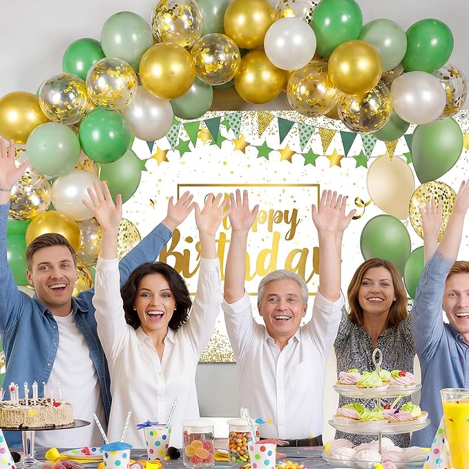 Tatuo Sage Green Birthday Confetti Balloons Kit Set Photography Backdrop Banner Package for Boys Girls Men Women Birthday Party Decorations Supplies Rustic Boho Favors (Green and Gold)