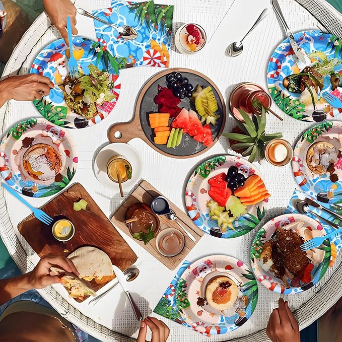 96 Pieces Christmas July Disposable Tableware Set - Tropical Beach Santa Party Supplies with Paper Plates, Napkins, Forks for Holiday Celebrations, Hawaiian Summer Christmas, and Pool Party Decor
