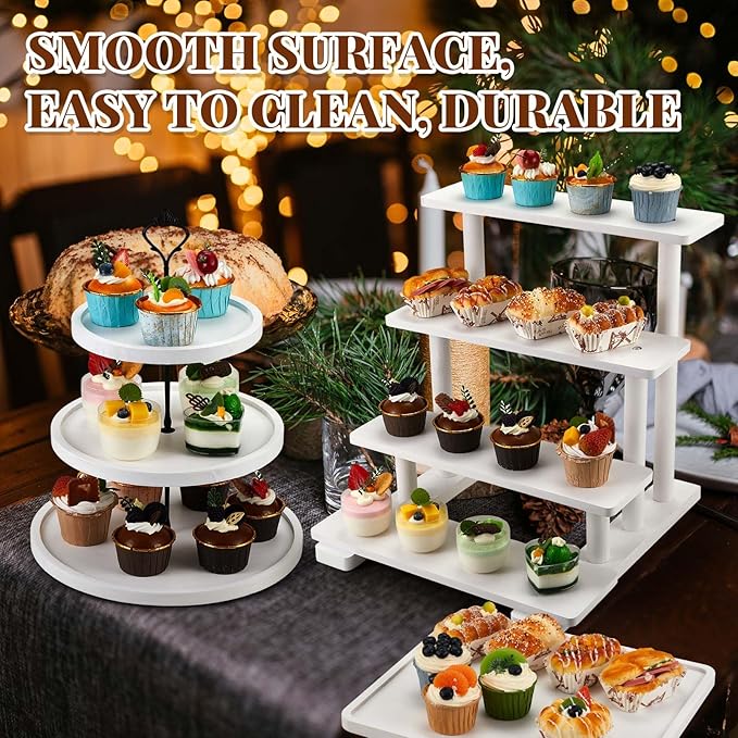 Roowest Wood Cake Stands Set of 6 Wood Dessert Tower Dessert Trays Desert Stands Cupcake Stand Rustic 3 Tier Farmhouse Cupcake Serving Stands with Dessert Trays for Tea Party(White)