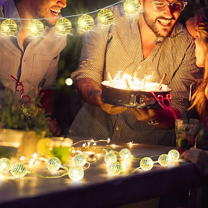 AceList 20 LED 9.8ft Disco Ball String Light - Battery Powered and USB Plug, Disco Ball Lights for 70's Disco Party Decorations and Birthday Parties, Mamma Mia (Gold)