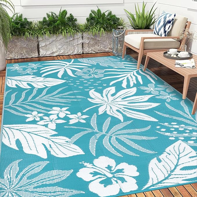 Pauwer Waterproof Outdoor Rug 6x9, Reversible Plastic Straw Patio Camping Rug, Indoor Outdoor RV Mat Carpet for Deck, Camper, Porch, Balcony, Backyard, Picnic, Floral Teal
