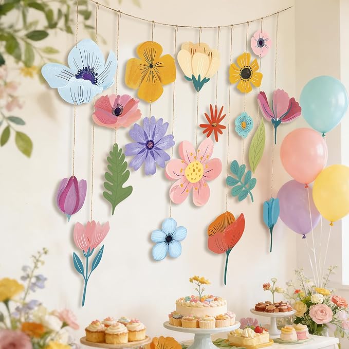 19 PCS Spring Flower Hanging Garland Decorations, DIY Flower Hanging Banner, Floral Ceiling Backdrop Decor for Birthday, Baby Shower, Garden Party Decor
