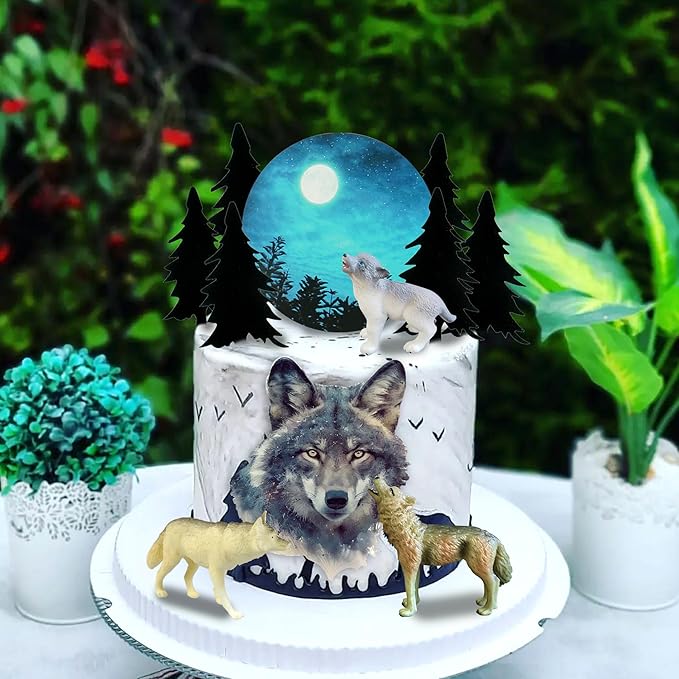 13 PCS Wolf Cake Topper Full Moon Cake Decor with Animal Figurine Wolf Themed Wedding Birthday Cake Decorations (Gray)