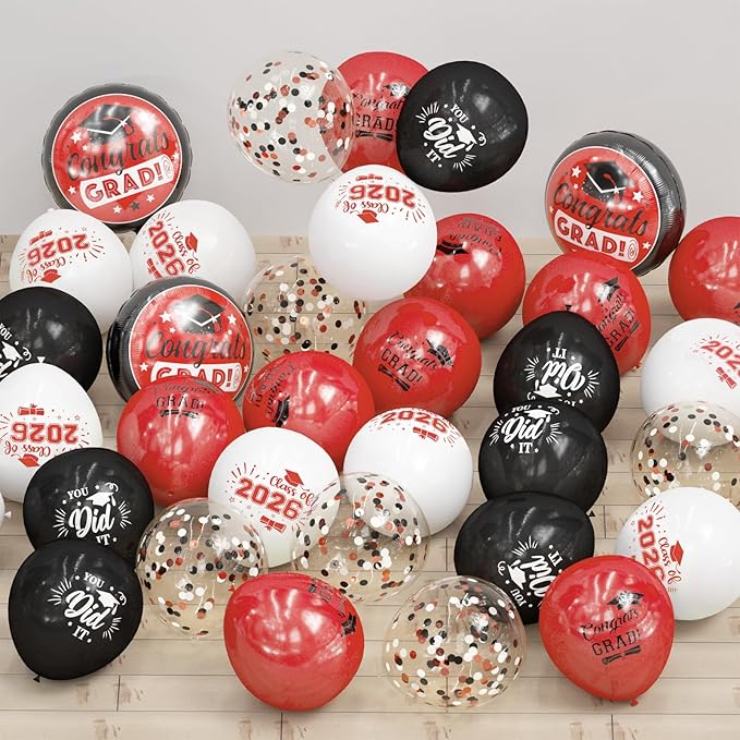 GuassLee Graduation Black and Red Balloons 2026 - Grad Latex Confetti Balloons with Congrats Grad Foil Balloons for Graduation Party Decorations Supplies, 60Pcs