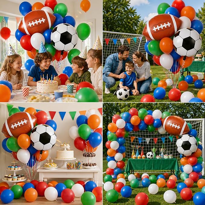 Soccer Balloons, 12 Inch Green Orange Blue Red White Latex Balloons with Soccer Ball Basketball Foil Balloon for Boys Kids Sport Theme Birthday Decorations Football Lover Men Party Baby Shower Decor