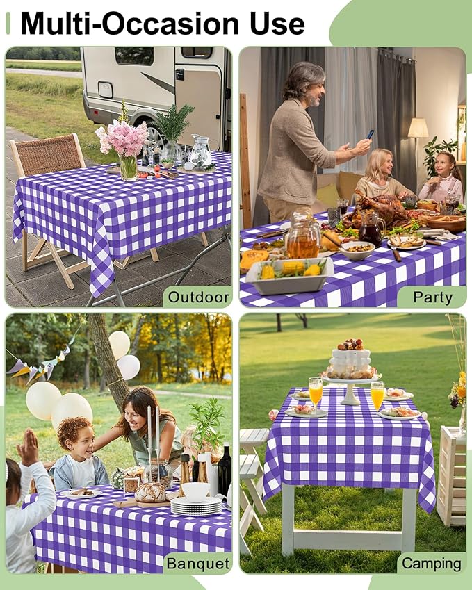 Smiry 12 Packs Gingham Disposable Table Cloth, 54 x 108 Inch Waterproof Plastic Tablecloth, Rectangle Purple and White Checkered Table Covers for Picnic, Birthday, Party