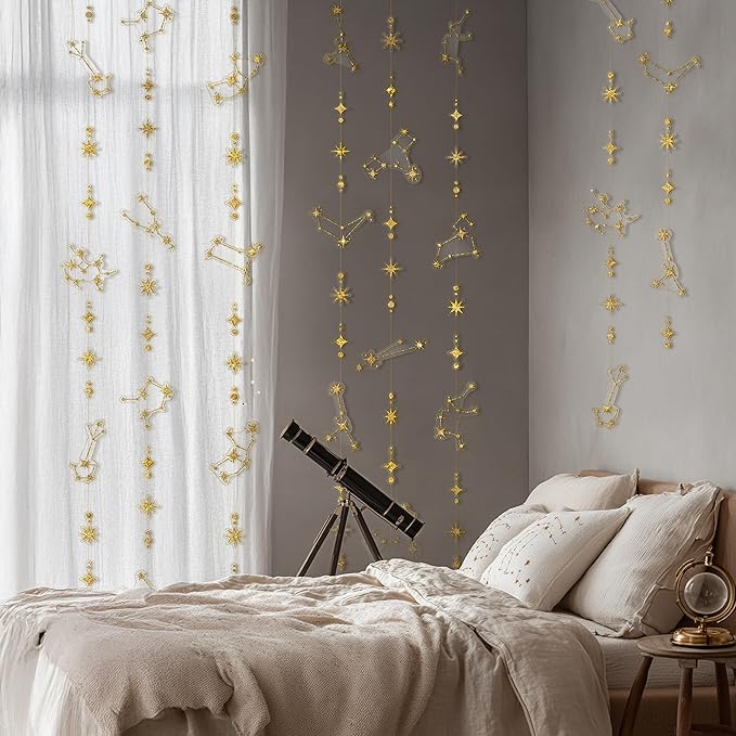 Cheerland Glitter Celestial Party Decorations Constellation Birthday Decoration Star Garlands Witchy Backdrop Astrology Decor Zodiac Theme Banner Hanging Stars Streamer Galaxy Party Suppplies (Gold)