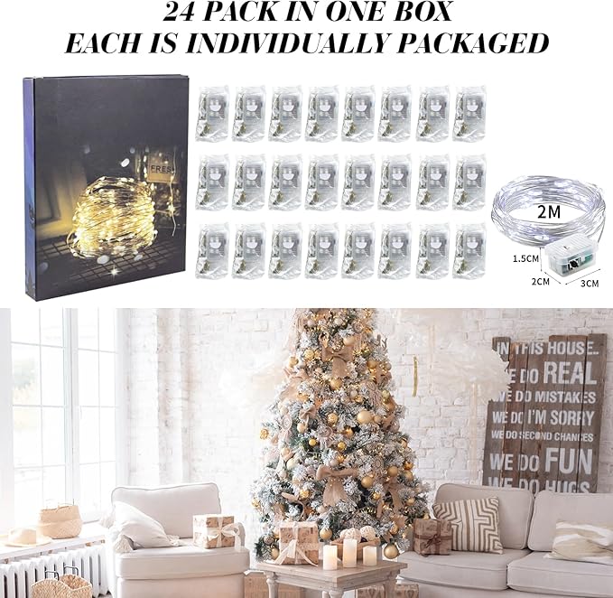 ZGWJ 24 Pack Fairy Lights Battery Operated, 7FT 20LED Mini Fairy String Lights Silver Wire 3 Modes for DIY, Parties, Wedding, Bedroom, Halloween Christmas Decoration- Cold White