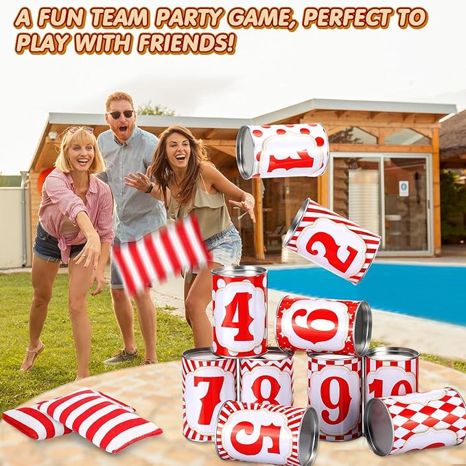 14 Pcs Carnival Bean Bag Toss Games with 10 Carnival Can 3 Bean Bag and 1 Banner for Family Party Birthday Easter Outdoor Activities