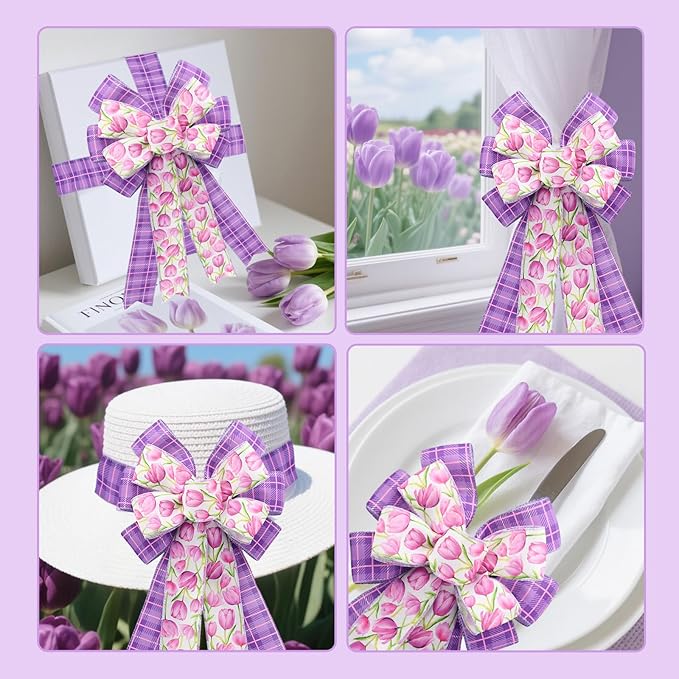 2 Rolls Purple Tulip Wired Ribbon - 2.5 Inch Wide, 10 Yards Total, Elegant Tulip Floral for Wedding Decor, DIY Crafts, Gift Wrapping - Spring-Themed Purple Wired Edge Ribbon