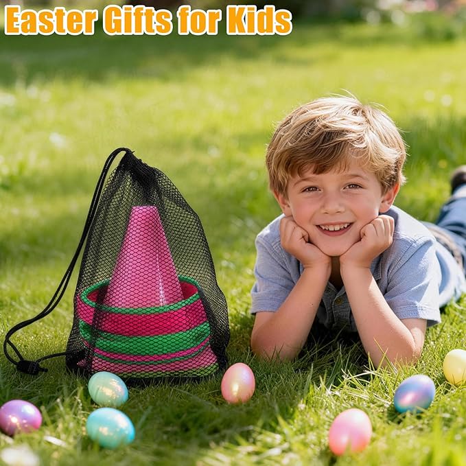 4 in 1 Easter Outdoor Games for Kids and Family, Easter Party Game with Ring Toss, Plastic Cones, Bean Bags, 3-Legged Race Bands, Carnival Spring Games Activities Combo Set for Adult Yard Classroom