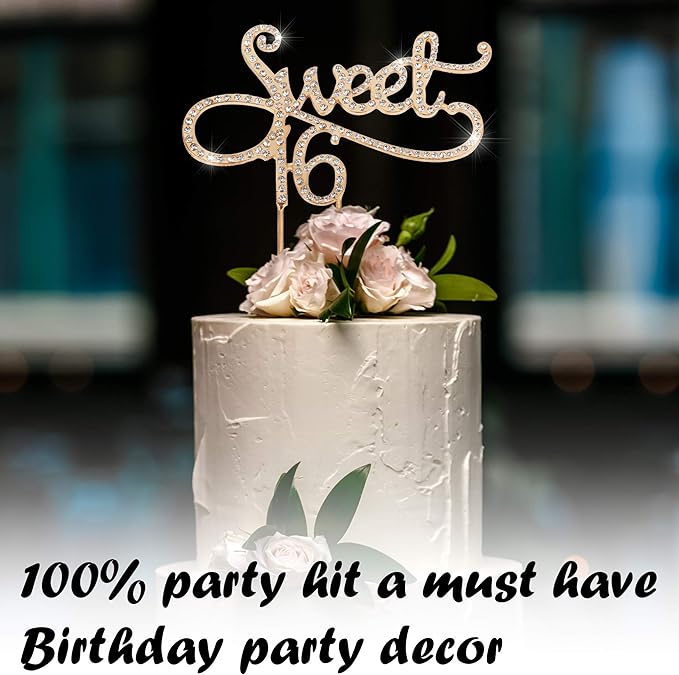 Sweet 16 Cake Topper for 16 Years Birthday Or 16th Wedding Anniversary Crystal Rhinestone Party Decoration Silver (Gold)