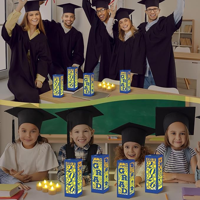Rossesay 6 Pcs Graduation Table Centerpieces Boxes Class of 2026 Graduation Lanterns for Centerpieces with LED Candles Congrats Grad School College Photo Props for Party Table Decoration (Blue)