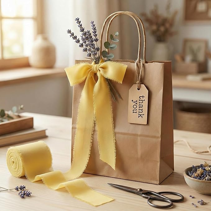 Handmade Chiffon Ribbon 1.5 Inch Wide, 3 Rolls 21 Yards, Frayed Edge Fabric Ribbon for Wedding Bouquets, Invitations & Gift Wrapping (Egg Yellow)