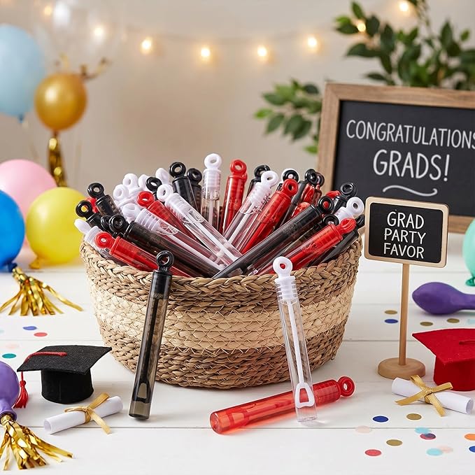 Lunmon 120 Pcs Graduation Mini Bubble Wands Bulk Grad Party Favors Class of 2026 Red Black White Bubble Toys Gifts for Kids Preschool Kindergarten Grad Birthday Party Supplies for High School Students