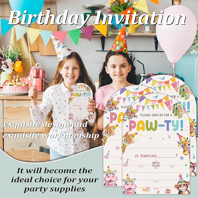 Jungle Animals Birthday Party Invitations, Animals Paw-Ty Invitations with Envelopes, 20 Fill-In Birthday Party invites for Boy Girl, Party Decorations Supplies (arch)