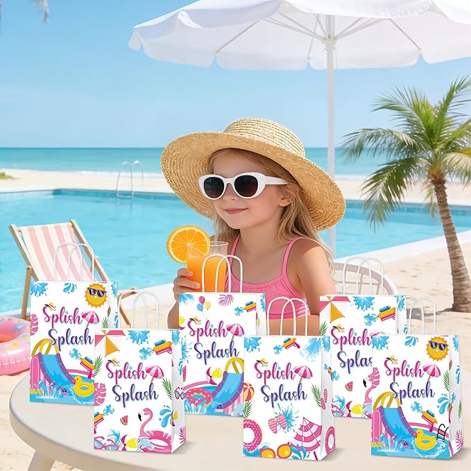 12Pcs Splish Splash Party Paper Bags Splish Splash Birthday Decorations Water Slide Kraft Gift Bags with Handles Pool Birthday Paper Candy Treat Bag for Kids Swimming Bash Hawaiian Luau Party Supplies