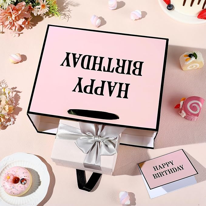 Yomaiha Pink Happy Birthday Gift Bag for Women Girls, Birthday Wrapping Paper Bag with Tissue and Card Pink Black Birth day Party Favors Supplies Decorations 11.8x9.4x5.3 inches