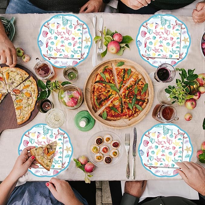 180PCS Summer Beach Party Paper Plate,Seashell and Starfish Paper Plates Supplies-Seashell and Starfish Plates, Cups, Napkins and Knife Fork For Birthday Baby Shower Bridal Wedding Party