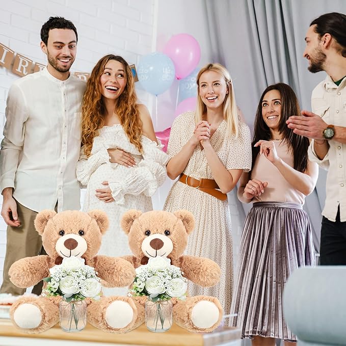 6 Set Baby Shower Bear Centerpieces for Tables Mason-Style Glass Jars with Artificial Peonies and Baby's Breath Rustic Table Decor for Gender Reveal Party Wedding (Brown)