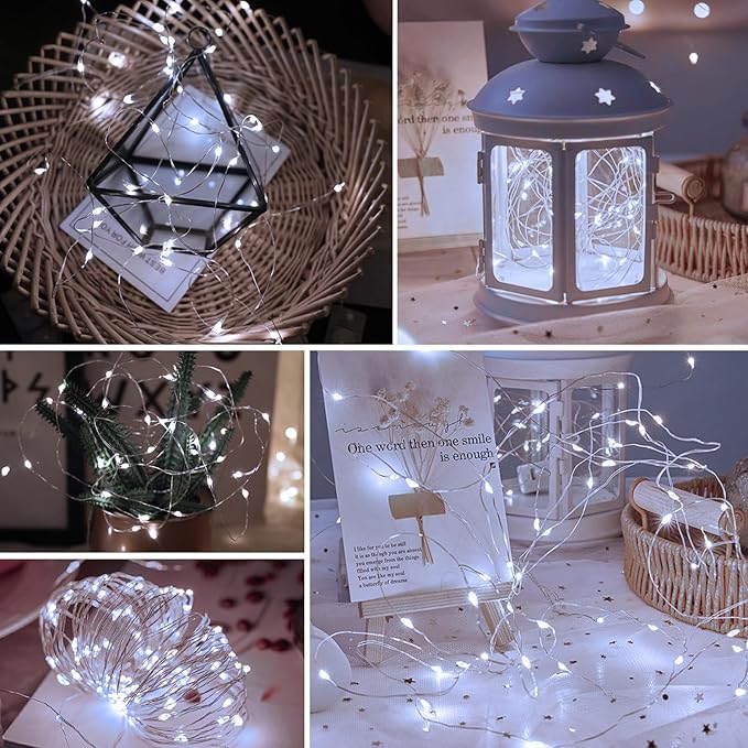 pozzolanas 50 Pack White Fairy Lights Battery Operated 3 Modes 7FT 20 LED Waterproof String Lights Twinkle Silver Wire for Mason Jars Wedding Christmas Halloween Party Decor (50, White)