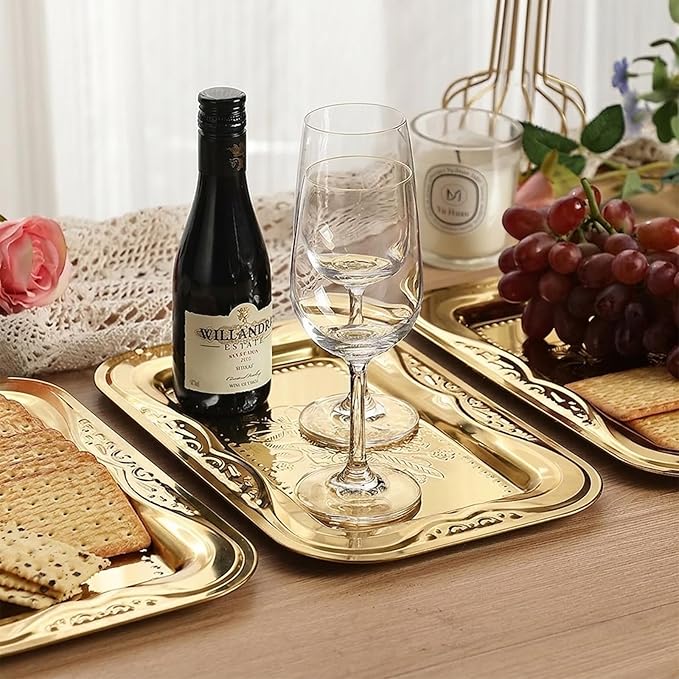 4-Pack Gold Serving Trays Set - ZENOVLUX Lightweight Bow Floral Engraved Mirror Decorative Tray, 13.8" x 8.7" Wedding Party Platters for BBQ, Food, Appetizer, Charcuterie, Cookies, Desserts